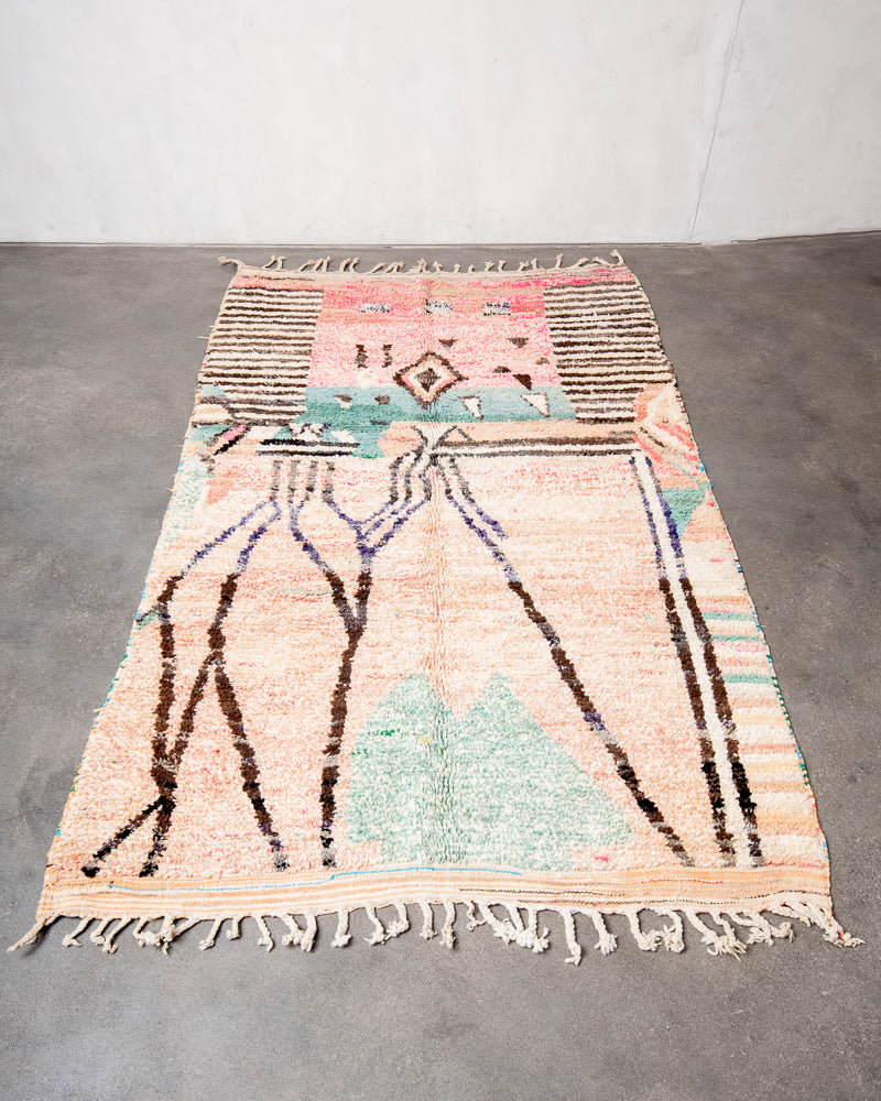 Modern, designer, handcrafted Berber rug from Morocco. Vintage carpet with beautiful colours and patterns and fluffy texture.